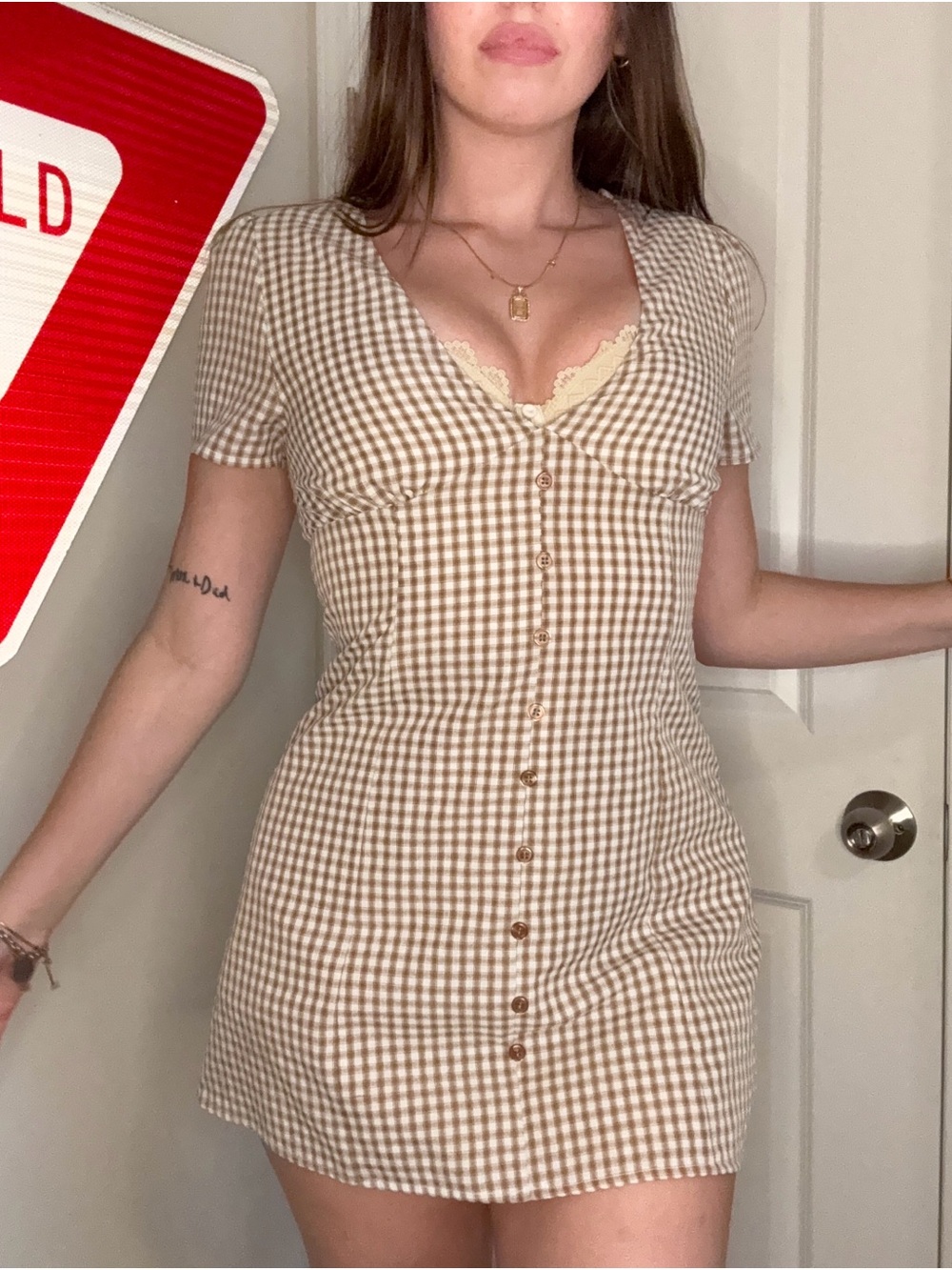 Princess Polly Beige Gingham Button-Down Mini Dress